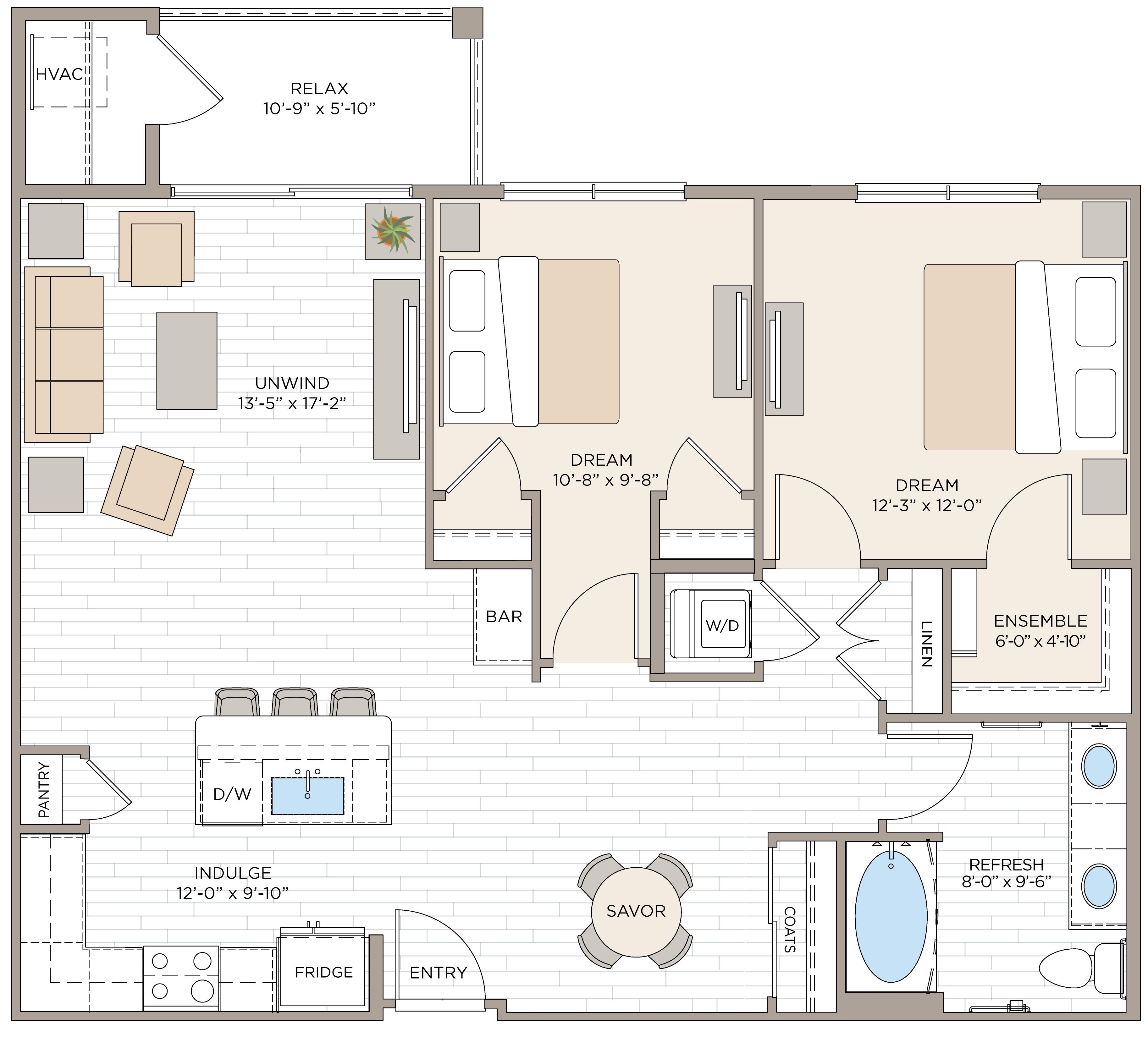 Floorplan for Unit #B1A, 2  bedroom unit at Halstead Maynard Crossing