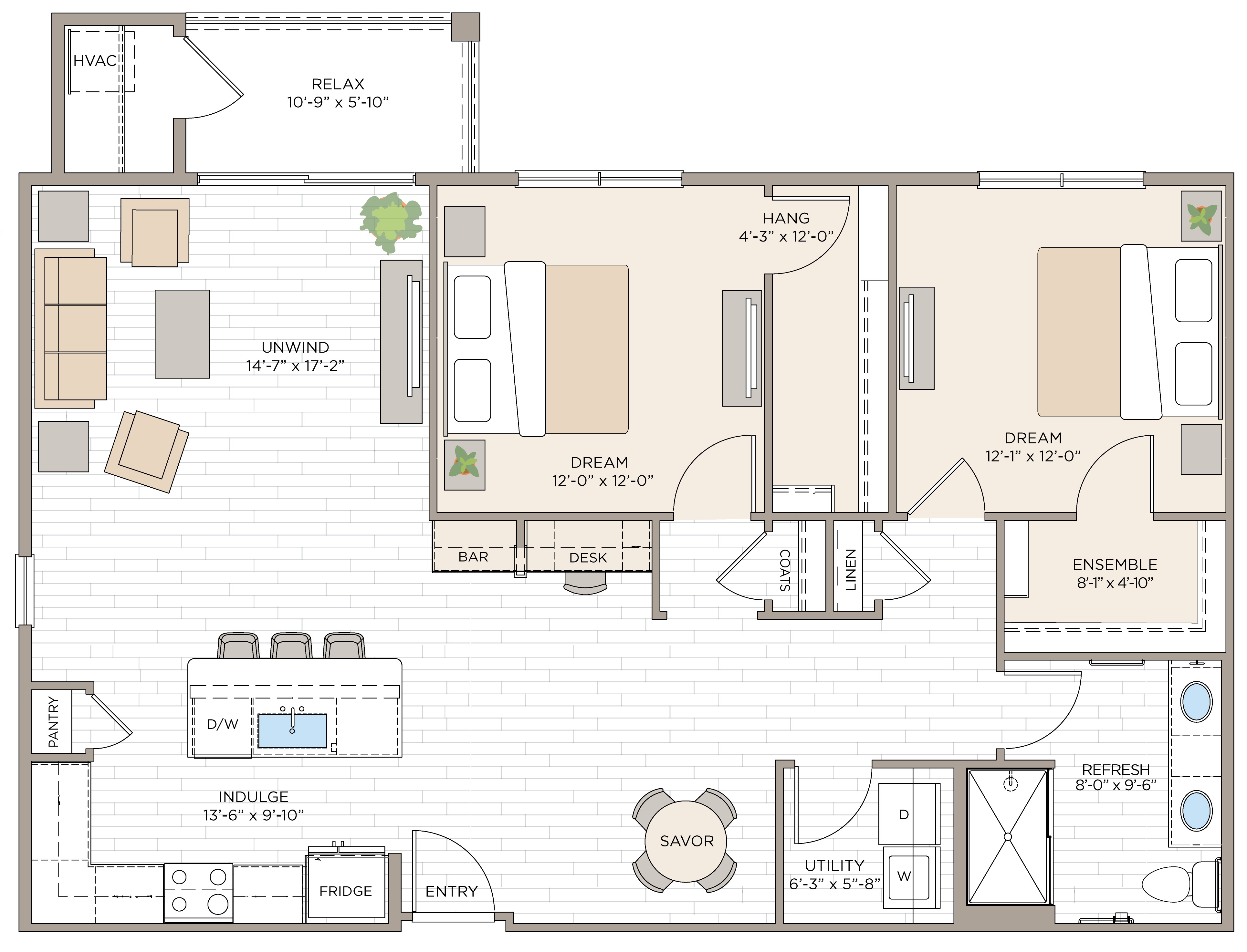 Floorplan for Unit #B1B, 2 bedroom unit at Halstead Maynard Crossing